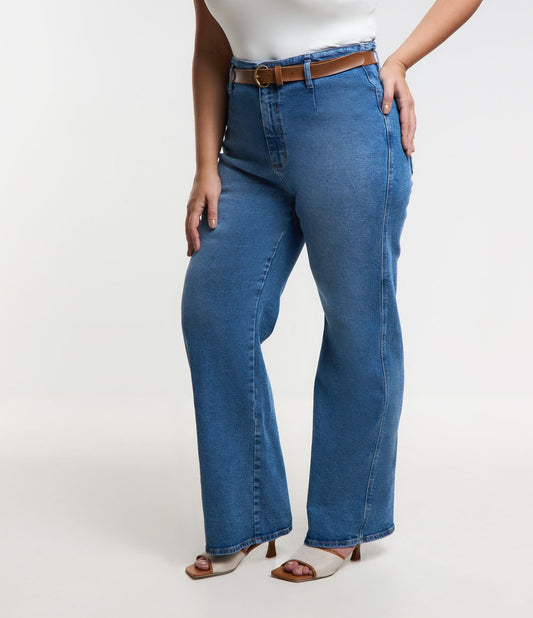Vaqueros de pata ancha con cinturón de piel, Curvas y tallas grandes, Azul