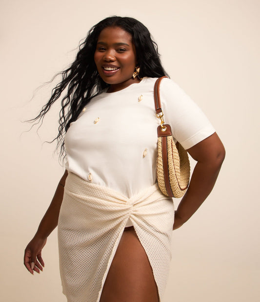 Blusa de algodão Off-White com conchas e strass, Curve & Plus Size