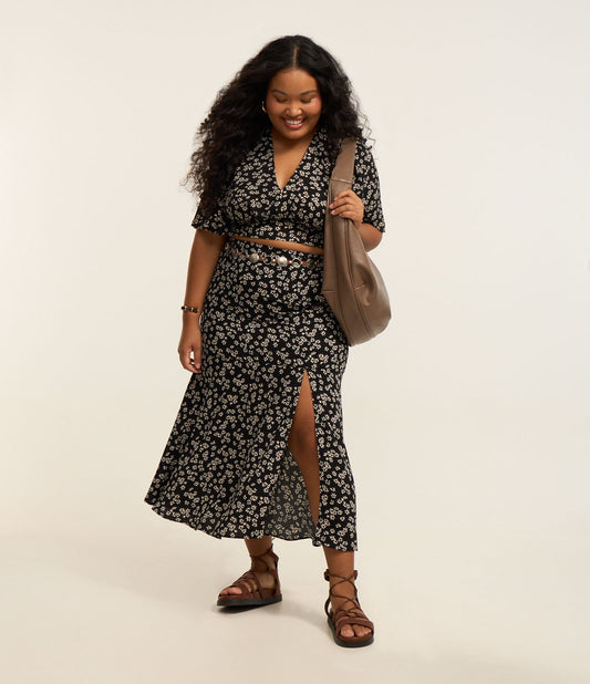Gonna in crepe nera con stampa floreale Liberty - Curve e taglie forti