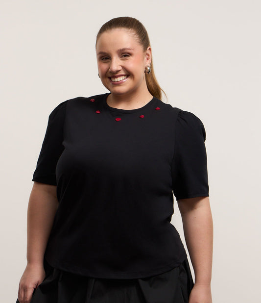 Maglietta nera con scollo a cuore e maniche a palloncino - Curve e taglie forti