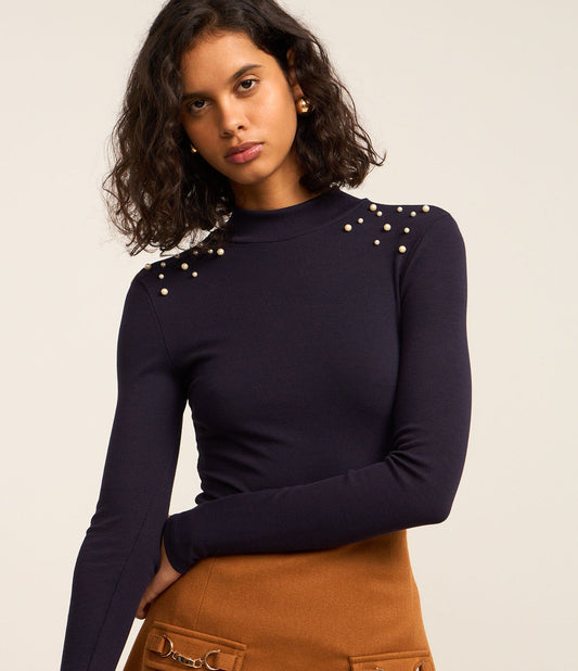 Ribbed Blouse with High Collar and Pearl Shoulder Detail in Blue