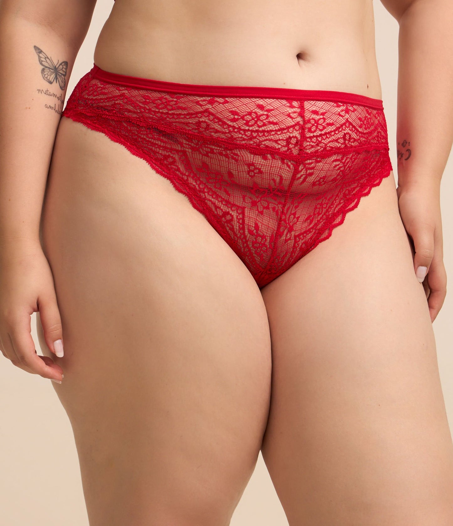 Calcinha de biquíni de renda vermelha com cós dobrável - Curve e Plus Size