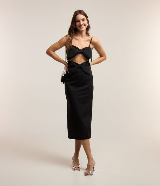 Vestito midi nero in tricolore con spaghetti e fiocchi frontali