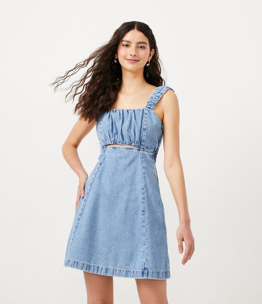 Short Denim Dress with Ruched Straps and Front Cutout in Blue