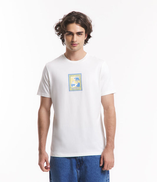 Camiseta Regular Fit em malha macia com estampa Paradise Marseille em off white