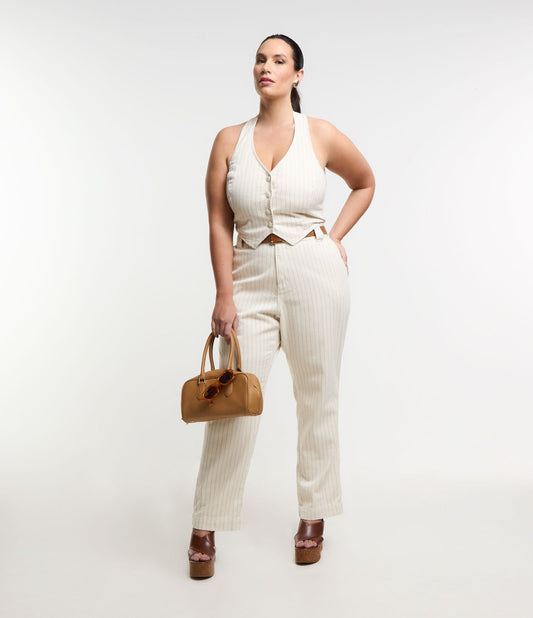 Pantaloni in twill gessato con gamba dritta, Curve e taglie forti, bianco sporco