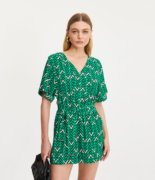Green Geometric Print Romper with Belt