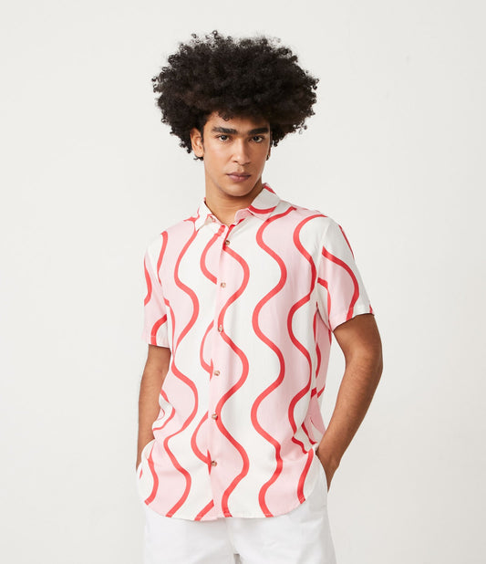 Camicia in viscosa a manica corta con stampa a onde bianche