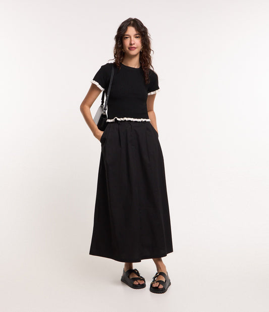New Black Midi Skirt in Tricoline with Wide Waistband (Nova saia midi preta em tricoline com cós largo)