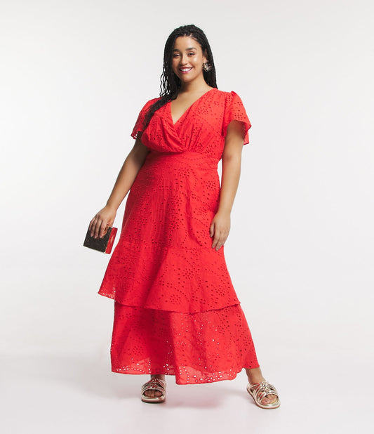 Maxi Vestido Largo Rojo Laise con Mangas Abullonadas y Falda con Volantes - Tallas Grandes y Curvas