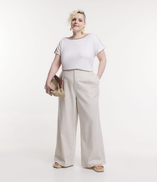 Pantalones palazzo de lino a rayas en gris topo - Tallas grandes y curvas