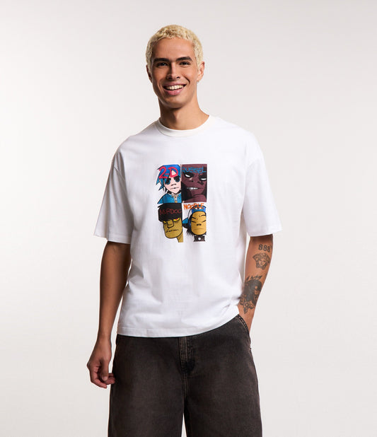 White Boxy Cotton T-Shirt with Gorillaz Print