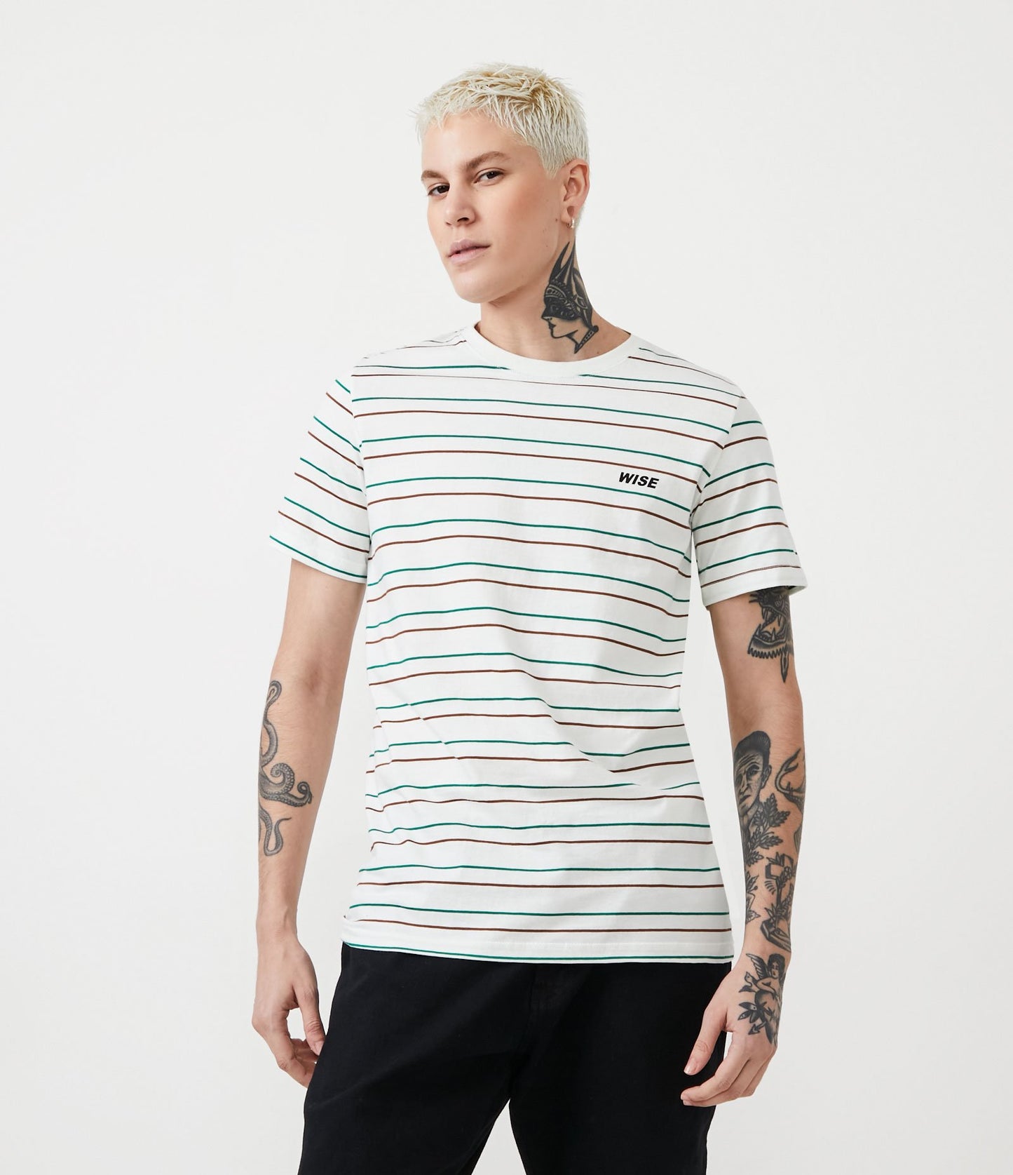 Regular Fit T-Shirt in Jersey Knit with Striped Print and White Lettering