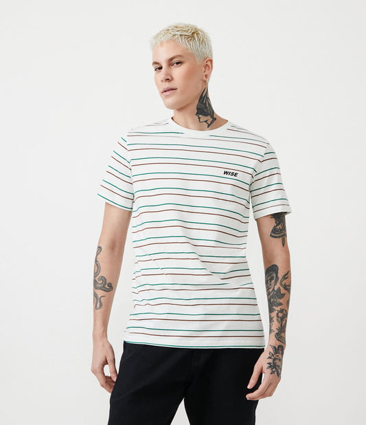 Regular Fit T-Shirt in Jersey Knit with Striped Print and White Lettering