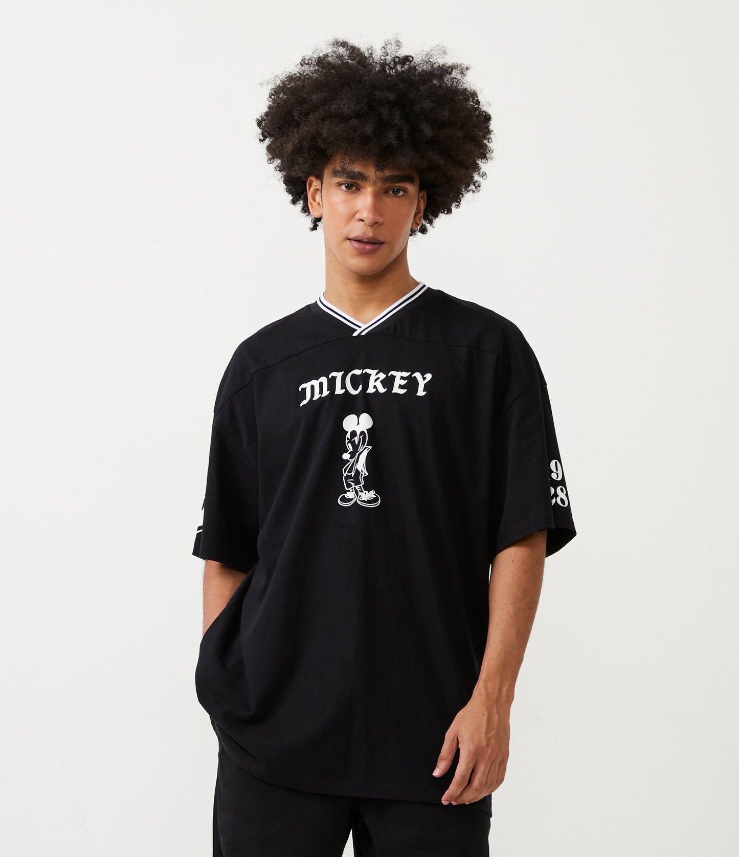 Oversized Black Mickey Print T-Shirt in Half Knit Fabric