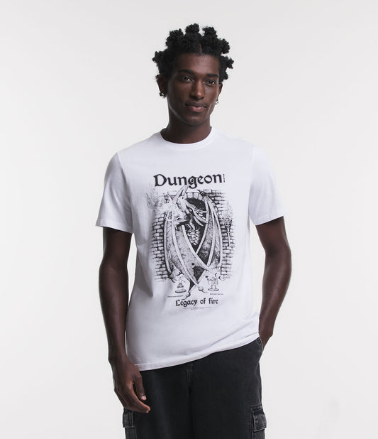 Camiseta de ajuste regular em meia malha com estampa de dragão de calabouço branco