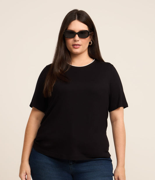 Crepe T-Shirt with Striped Collar, Curve & Plus Size, Black