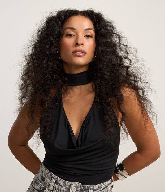 Black Halter Neck Jersey Top with Drape Neckline and Tie Detail