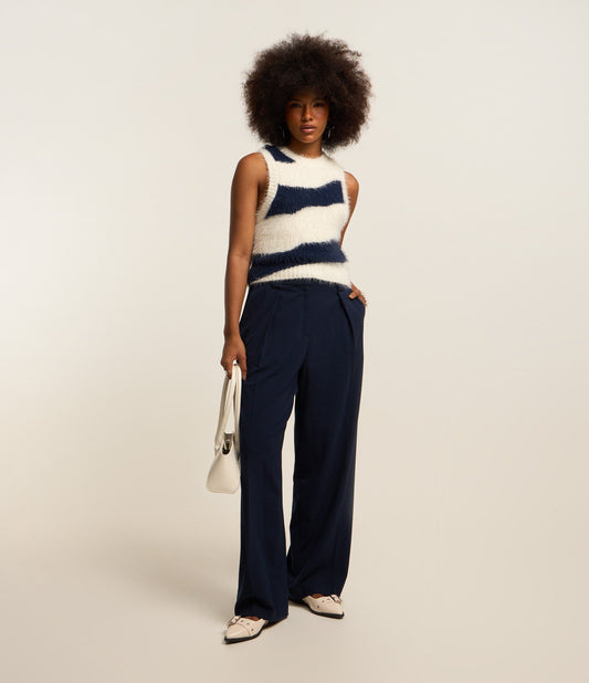 Straight-Leg Tailored Pants with Navy Blue Piping
