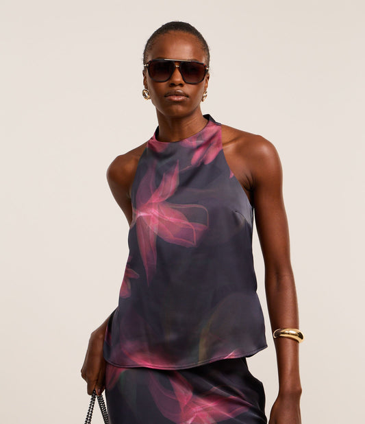 Satin Blouse with Halter Neck and Faded Blue Floral Print