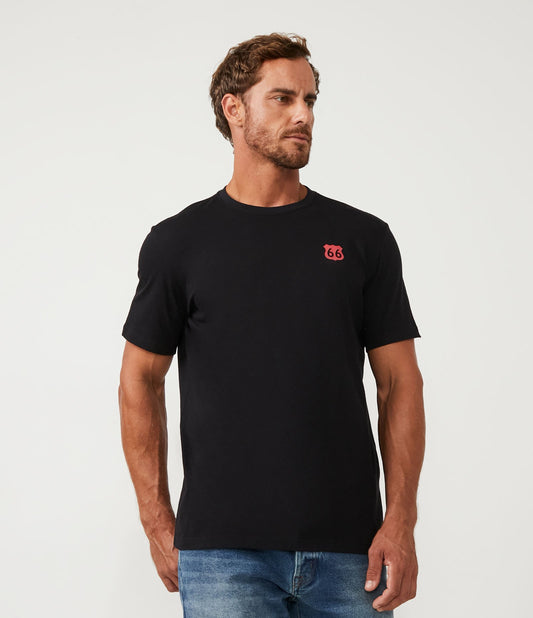 Comfort Cotton T-Shirt with Route 66 Motorcycle Print in Black