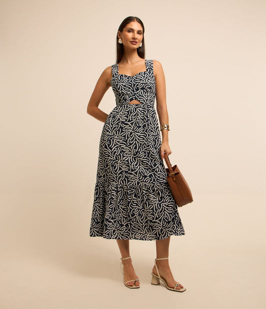 Vestito midi in tessuto Airflow con dettaglio cut-out e stampa astratta blu