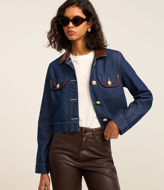 Giacca di jeans dal taglio regolare con colletto in PU blu