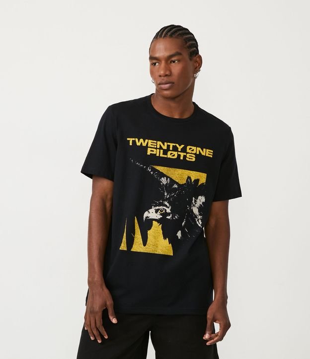 Regular Fit T-Shirt in Half Knit with Twenty One Pilots Print - Black