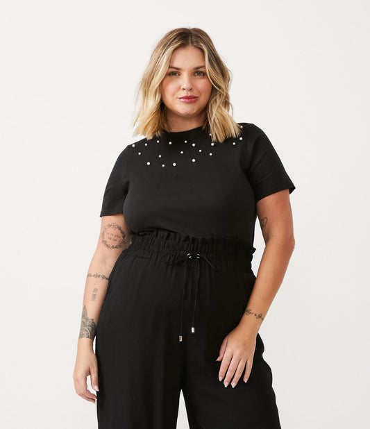 Blusa de algodão de manga curta com enfeites de pérolas, Curve & Plus Size, preta