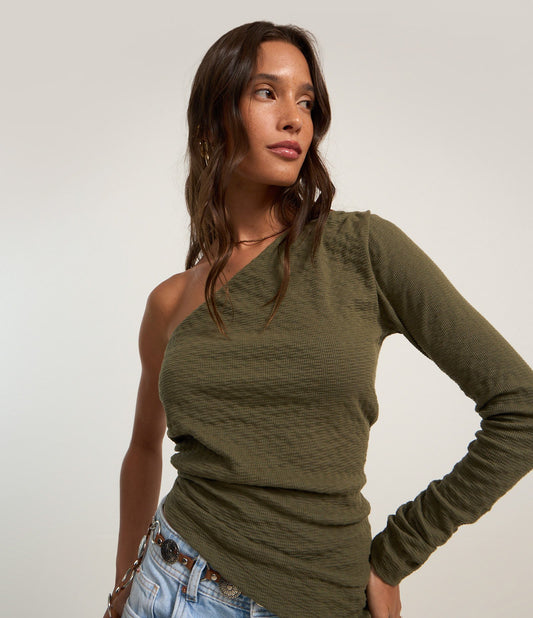 Textured One-Shoulder Top with Ruched Shoulder in Green