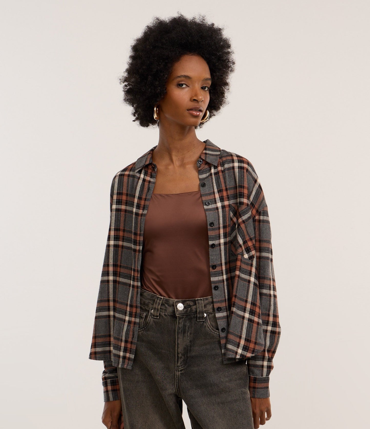 Oversized Gray Plaid Flannel Shirt with Pocket
