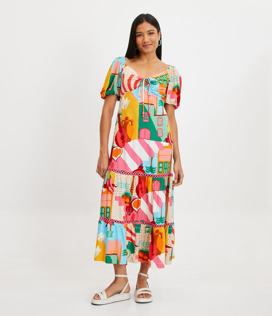 Long Dress with Short Sleeves in Viscose and Multicolor Artistic Print