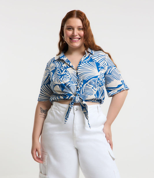 Camisa de linho cortada com estampa abstrata, Curve & Plus Size, azul/branco