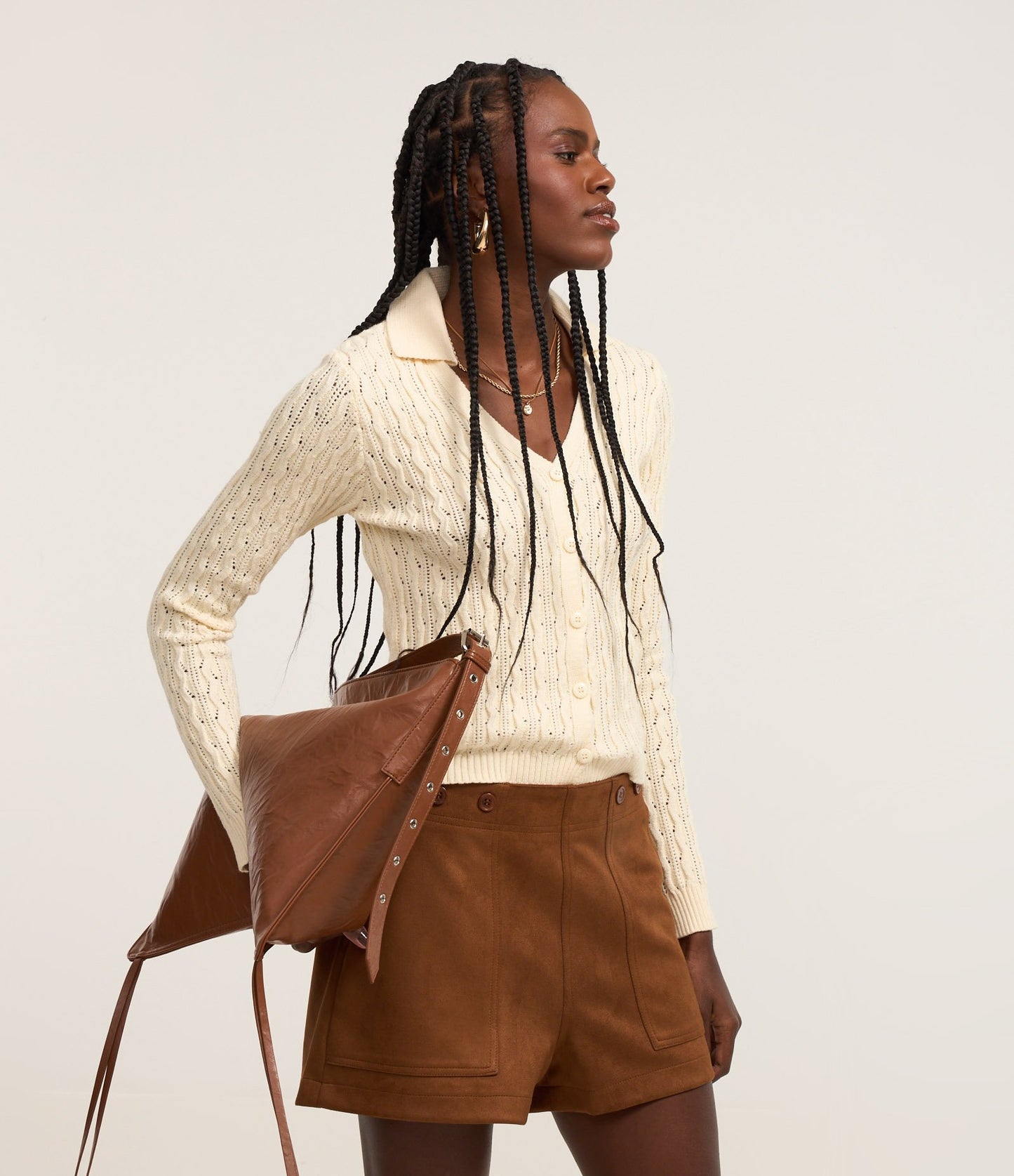 Suéter Bege Texturizado de Tricô com Gola Polo