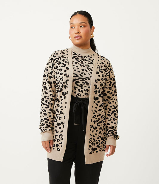 Beige Knitted Cardigan with Leopard Animal Print - Curve & Plus Size