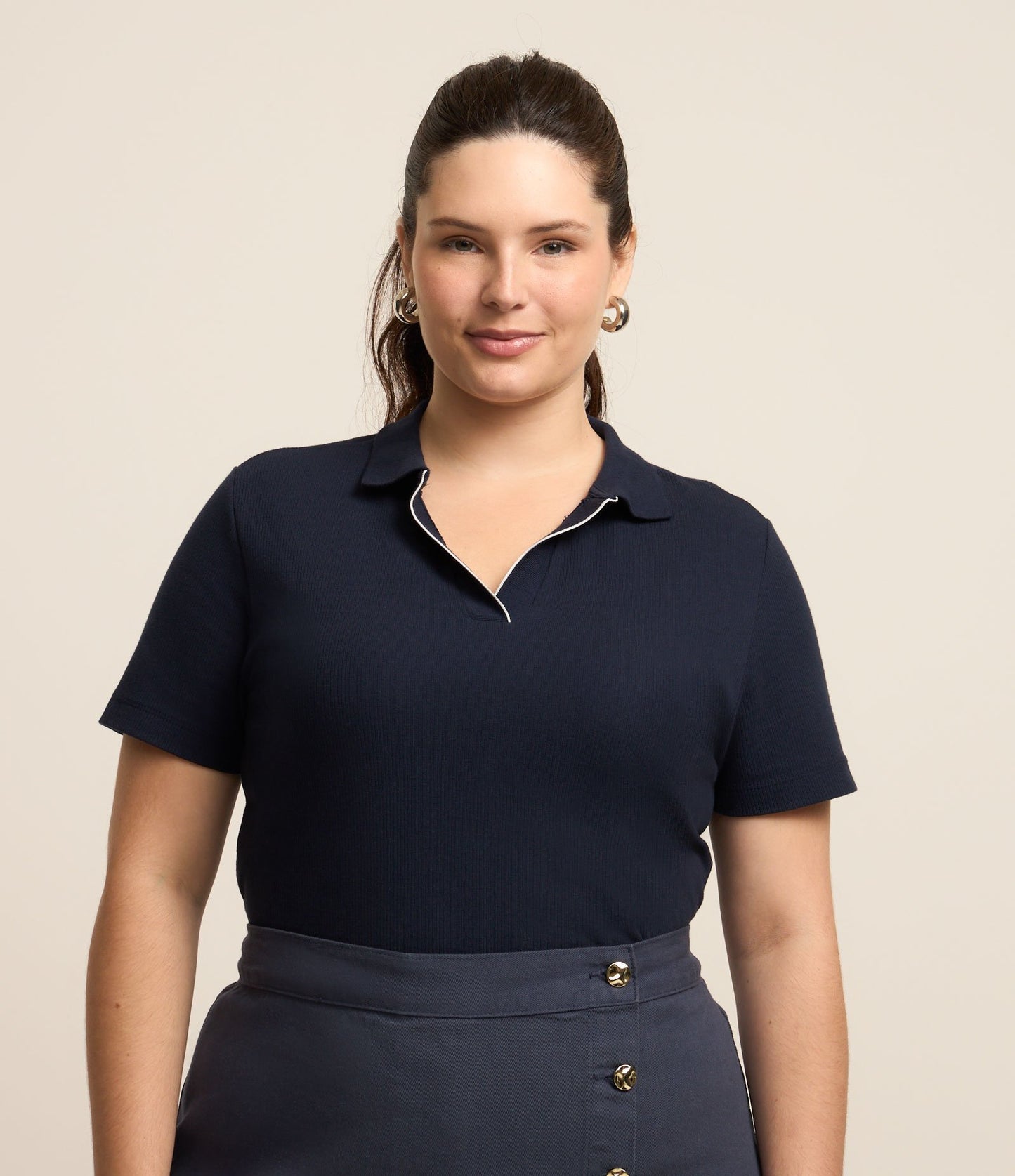 Camicetta con colletto a polo a coste, Curve e taglie forti, blu navy