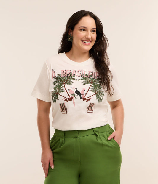 Off-White Brazilian Print Cotton T-Shirt - Curve & Plus Size