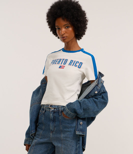 Maglietta in cotone con colletto a contrasto e stampa di Porto Rico in bianco