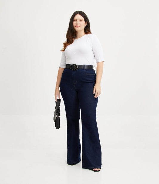 Vaqueros Flare con Botón Cubierto, Curvas y Tallas Grandes, Azul