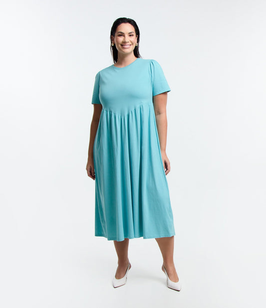Light Blue Midi Dress in Cotton with Puff Sleeves, Curve & Plus Size