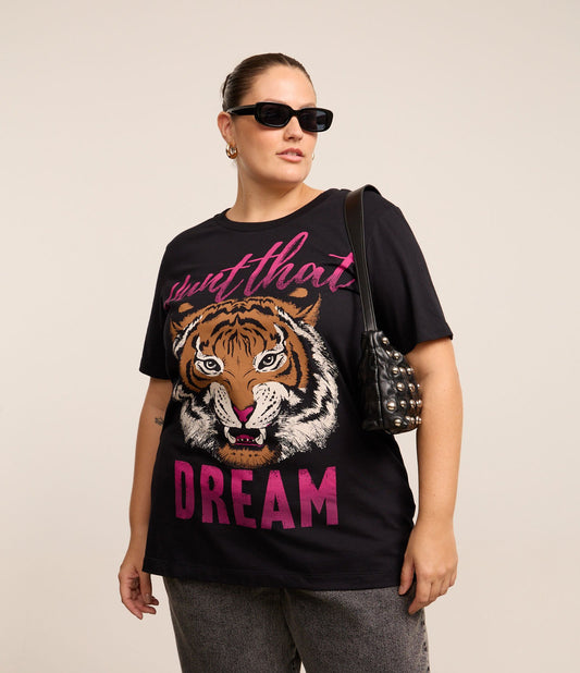 Maglietta in cotone nero con stampa tigre, taglie forti e taglie forti