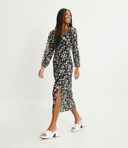 Vestido longo de tule com laço no busto e estampa floral preta