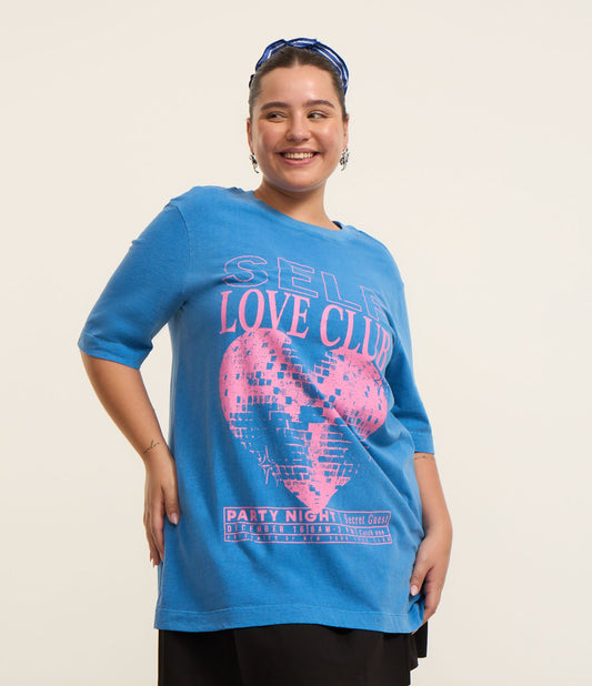 Blue Washed Extended T-Shirt with Curved Lettering & Plus Size Options