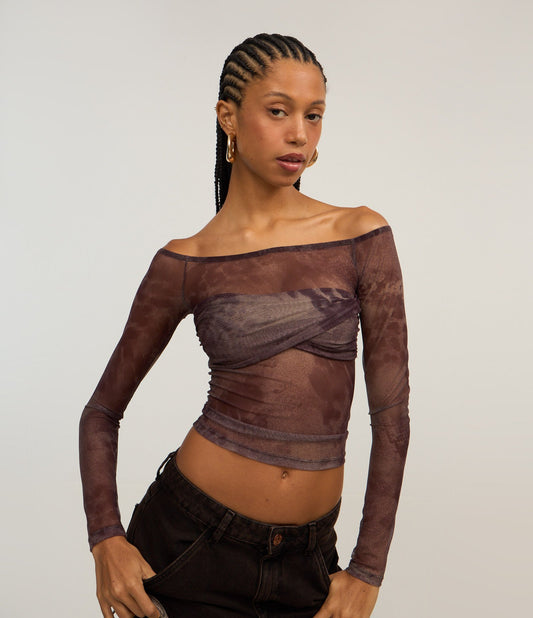 Blusa de Tule com Estampa Animal e Detalhe Torcido Marrom