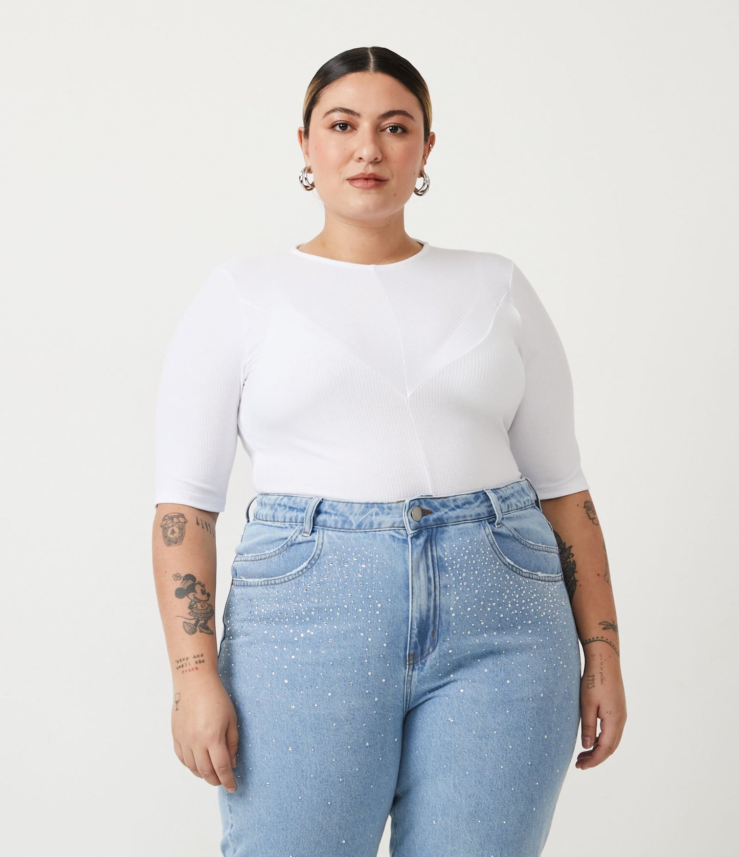 Top a maniche corte a coste Curve & Plus Size Bianco