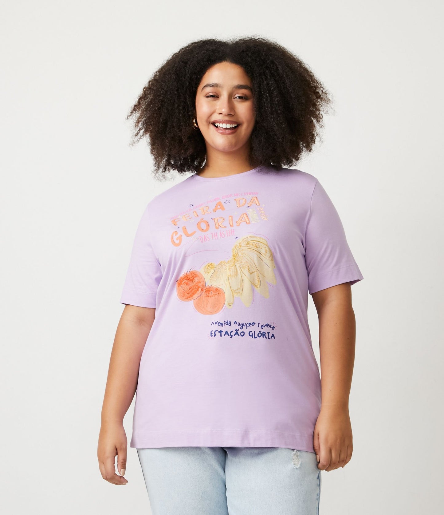 Top in maglia a maniche corte con stampa, Curve e taglie forti, Lilla