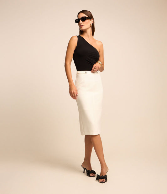 Tailored Off-White Midi Pencil Skirt with Buttons and Waist Ties