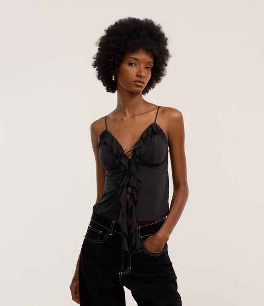 Top Helanca nero con spalline a coda di topo e balze frontali
