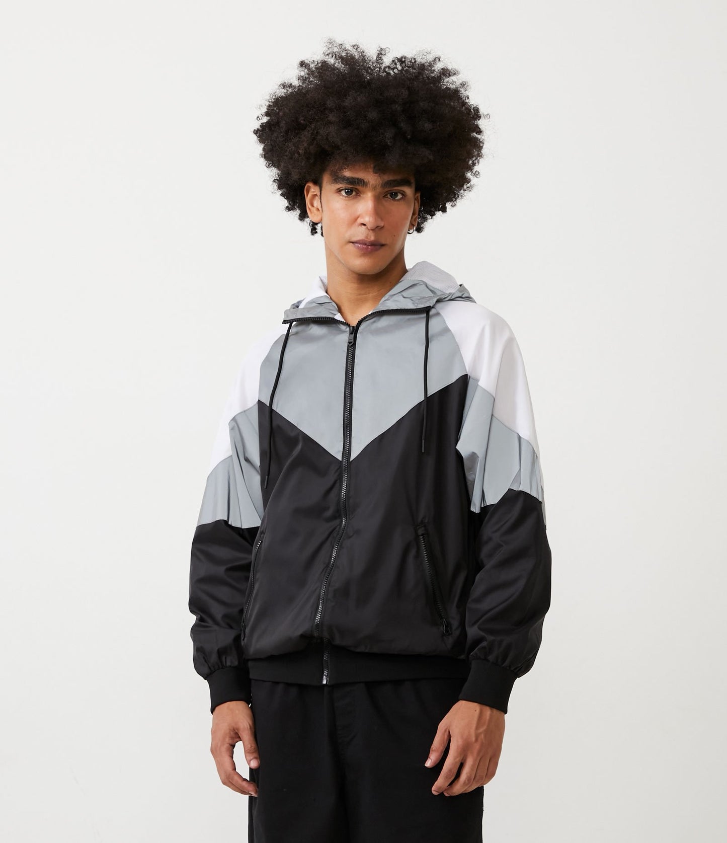 Polyamide Jacket with Hood, Color Block Panels, and Reflective Details in Black