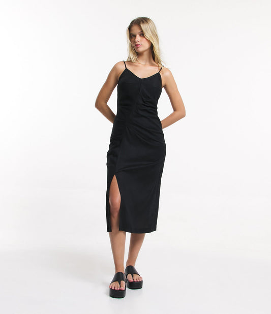 Novo vestido midi preto em linho e algodão com design drapeado e fenda frontal